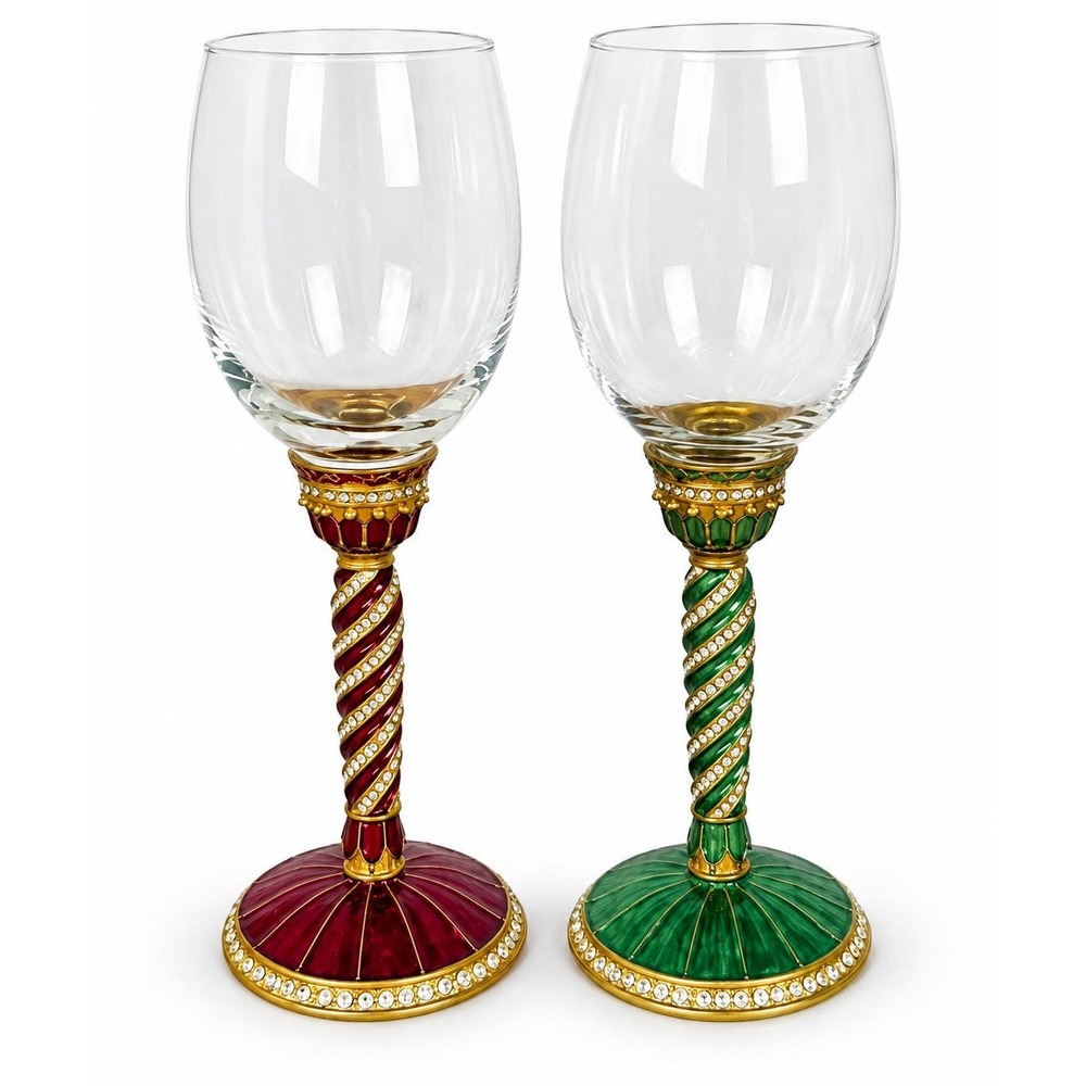Vintage Jeweled Wine Goblets Pair 9" Red Green Christmas Wedding Toast Glasses